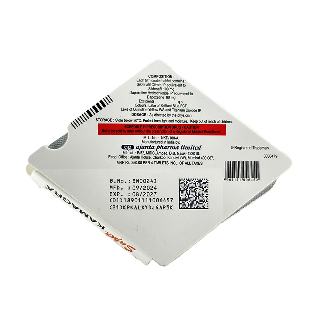 Buy Original Super Kamagr@ (Silden@fil 100 + D@poxetine 60) 4 Tablet Pack | Pakistan